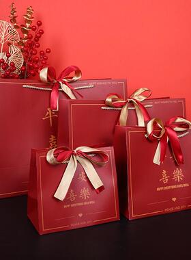 中国风礼物袋喜庆大红色纸袋结婚回礼袋生日手提袋双色丝带礼品袋