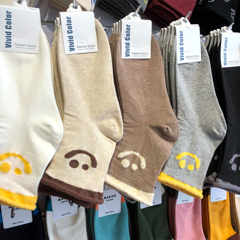 韩国vividcolor女袜子东大门植绒开心笑脸中筒袜卷边松口月子棉袜