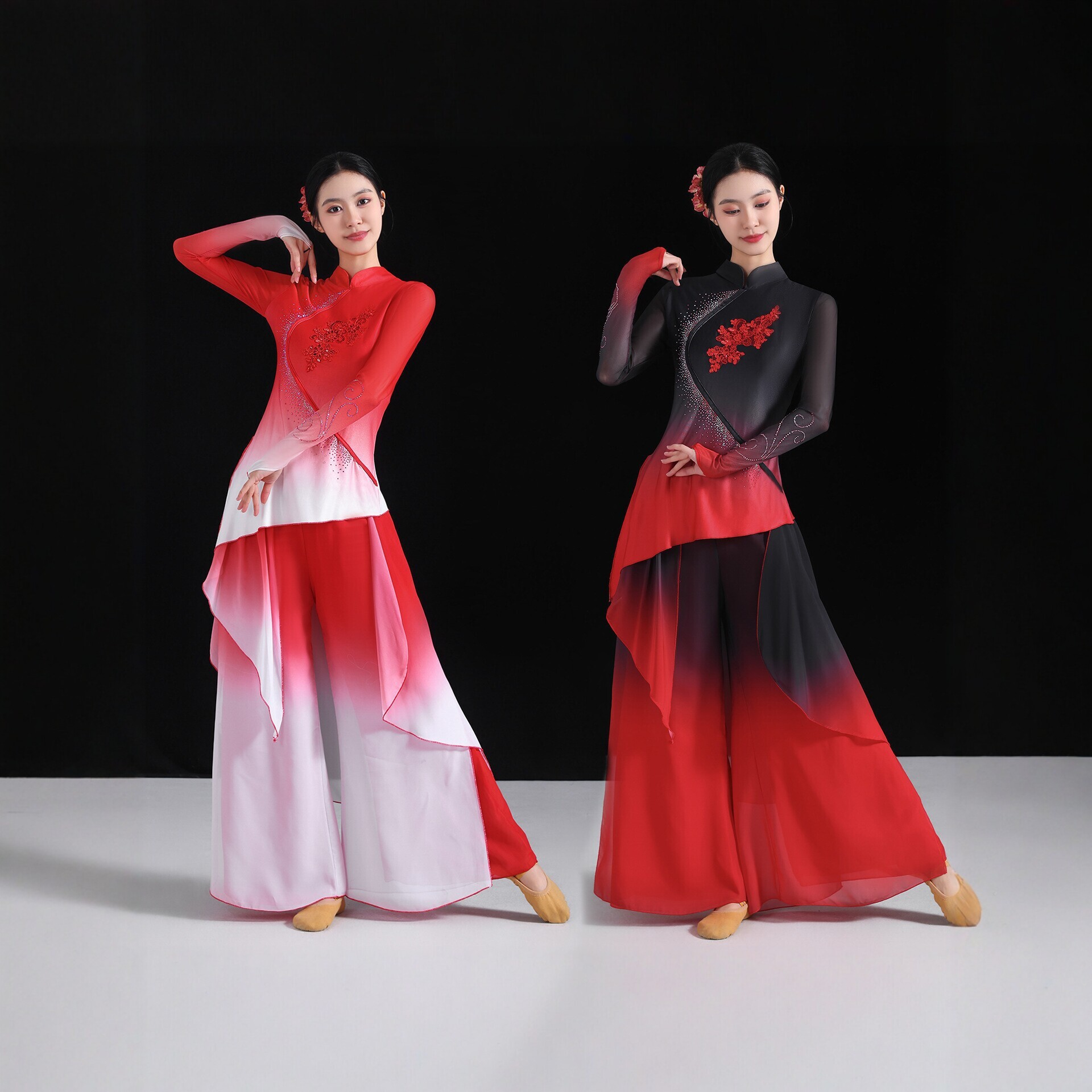 广场舞新款古典舞蹈服纱袖镶钻中国风练功表演出服大裙摆服套装