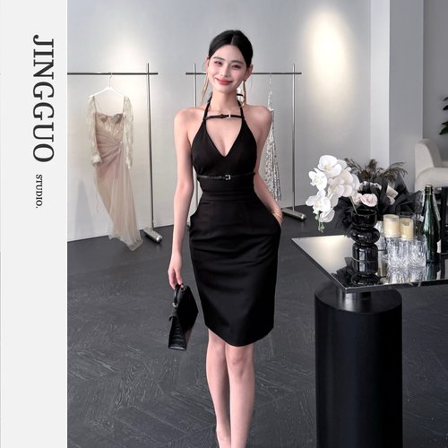 【JINGGUO轻奢】小众设计感气质名媛修身显瘦挂脖礼服连衣裙7567