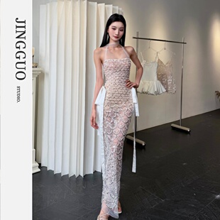 重工串珠亮片鱼鳞纹微透修身 小众法式 礼服裙7619 JINGGUO轻奢