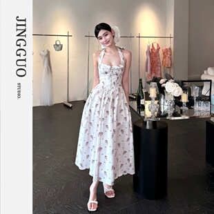 复古碎花方领挂脖度假风连衣裙7405 小众设计法式 JINGGUO轻奢