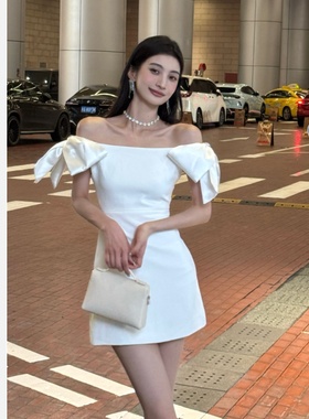 【JINGGUO轻奢】小众设计法式气质一字肩连衣裙高级感礼服裙7416