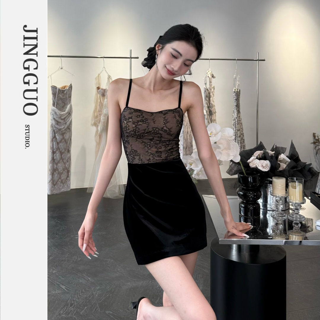 【JINGGUO轻奢】小众设计感蕾丝拼接丝绒气质名媛包臀连衣裙7528