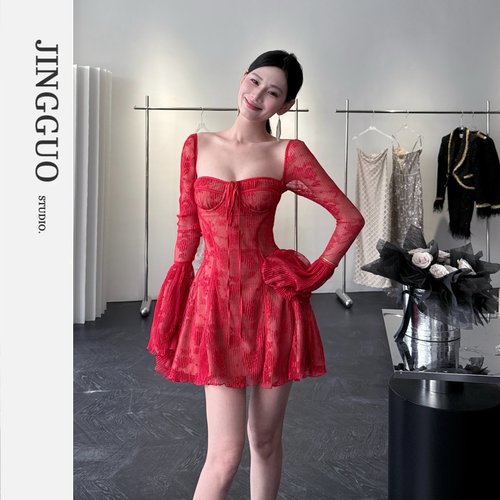【JINGGUO轻奢】小众设计性感纯欲风红色蕾丝长袖收腰连衣裙6962