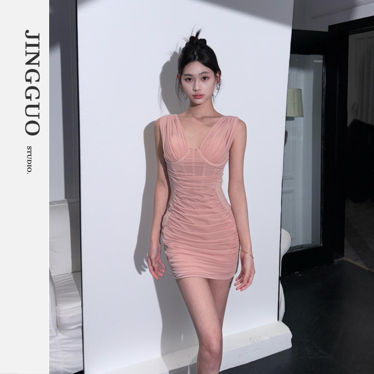 【JINGGUO轻奢】小众设计法式纯欲包臀礼服裙子V领无袖连衣裙7214