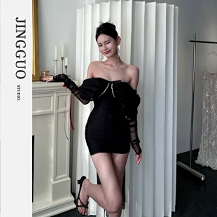 【JINGGUO轻奢】小众设计法式重工钉钻网纱一字肩显瘦连衣裙7586