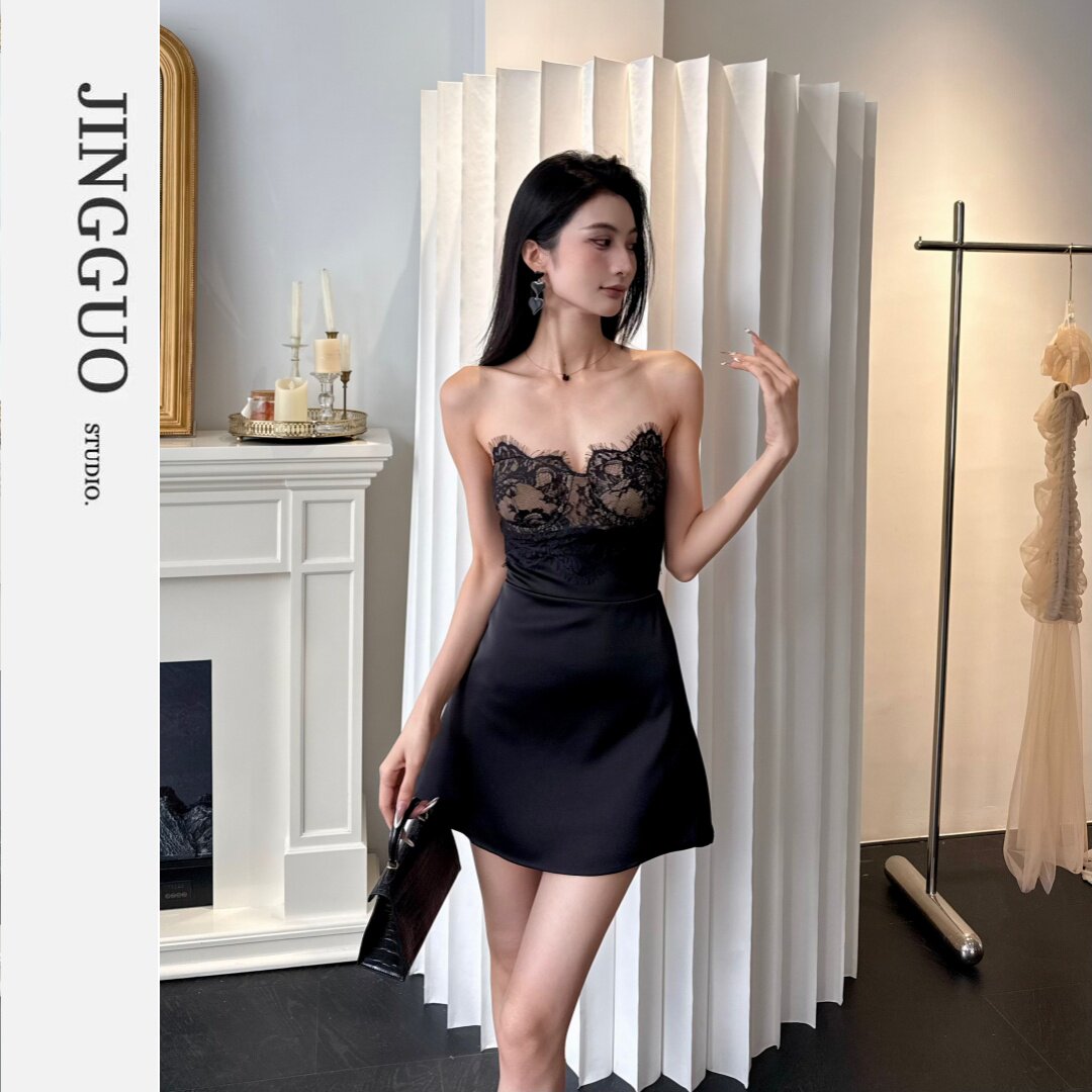 【JINGGUO轻奢】小众设计感性感蕾丝拼接缎面抹胸连衣裙礼服7468
