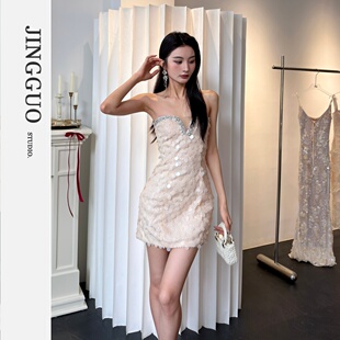 重工钻饰亮片抹胸礼服连衣裙7600 小众设计感法式 JINGGUO轻奢