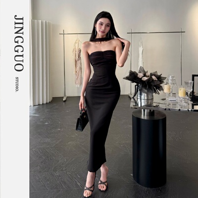 【JINGGUO轻奢】小众设计蝴蝶结抹胸挂脖修身显瘦收腰连衣裙7589