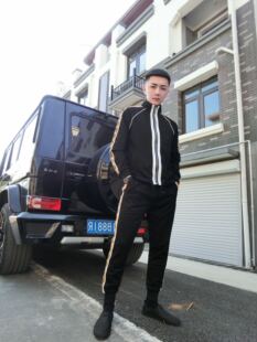 男爵v2023春季新款休闲运动装男社会小伙套装网红修身两件套