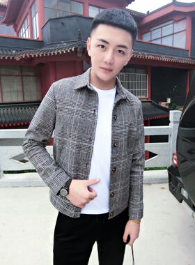 皇家男爵v抖音网红秋冬修身翻领格子毛妮夹克男社会精神小伙外套