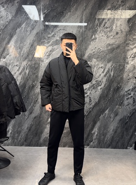 V领极简黑色秋冬季男装和服式交叉襟道袍棉服简约开衫棉衣外套潮