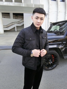 皇家男爵v 美式菱格型翻领羽绒棉服外套加棉男士牛仔拼接外套棉衣