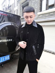 轻熟商务风男黑色系皮领金丝绒棉服男装上衣翻领加棉加厚夹克外套