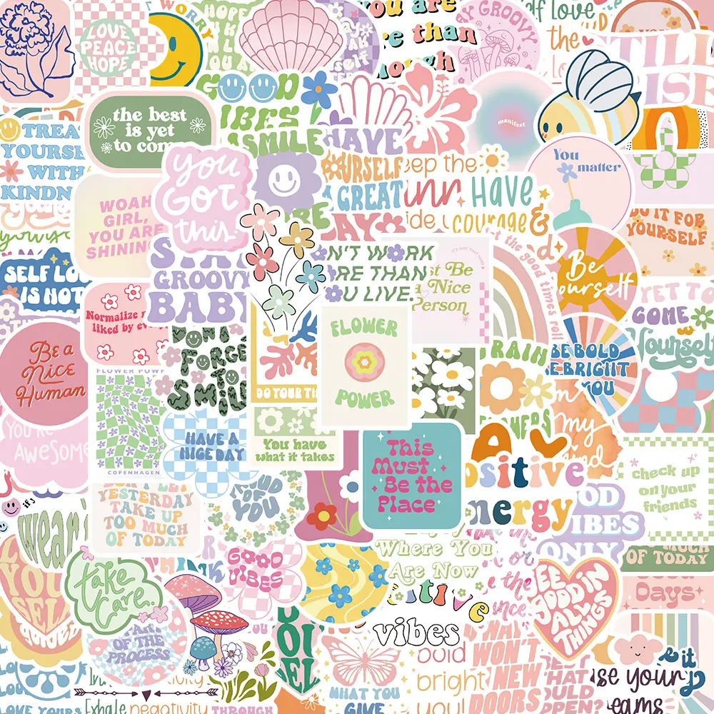 100张ins风英文花朵涂鸦贴纸笔记本头盔吉他手机壳装饰贴画