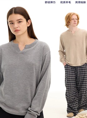 60支天丝羊毛老钱风纯色V领针织衫毛衫上衣打底长袖T恤男女