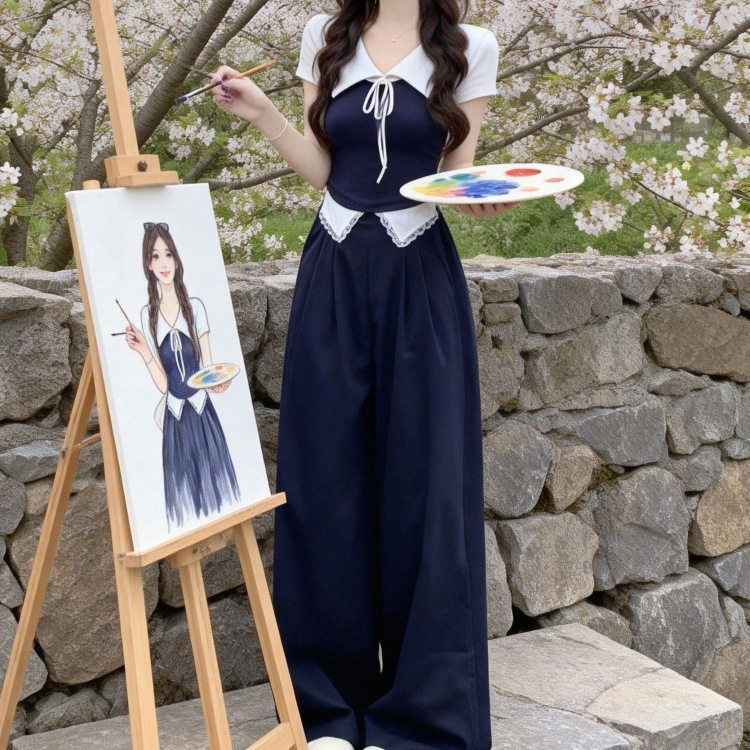 韩系绝美穿搭一整套短袖t恤女2026新款夏季高腰休闲阔腿裤两件套