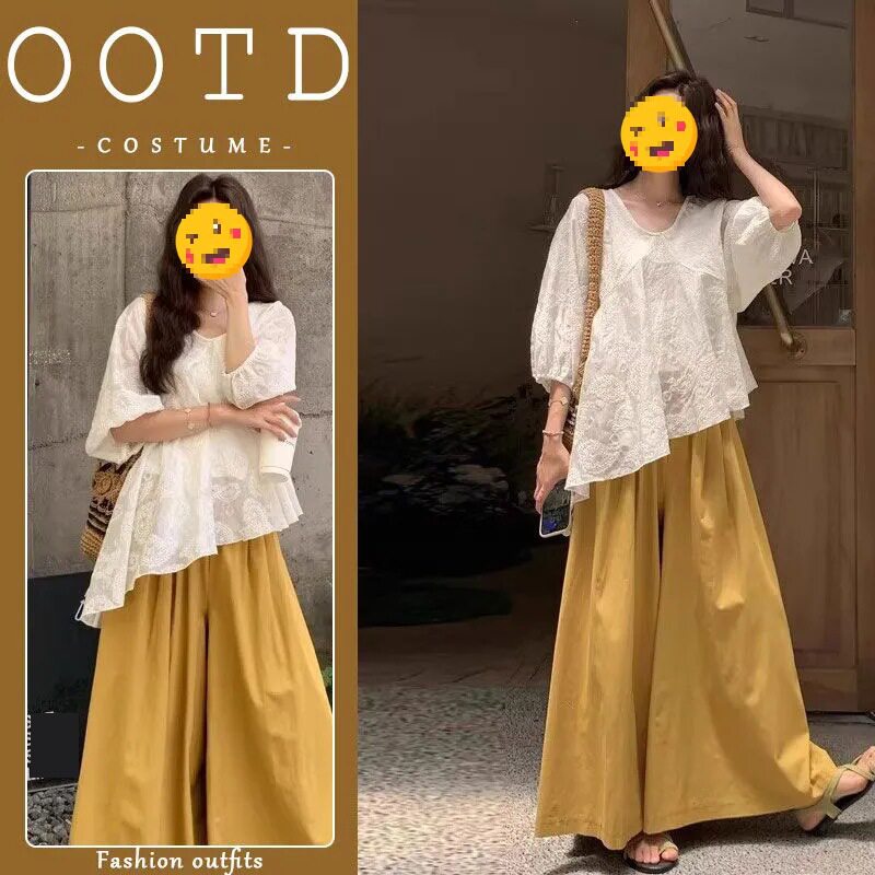 巨好看的夏装一整套女大码胖MM又a又飒御姐雪纺衫上衣阔腿裤套装