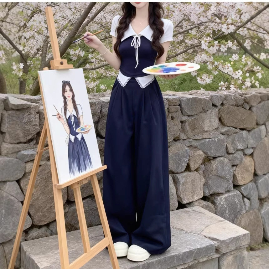 韩系绝美穿搭一整套短袖t恤女2026新款夏季高腰休闲阔腿裤两件套