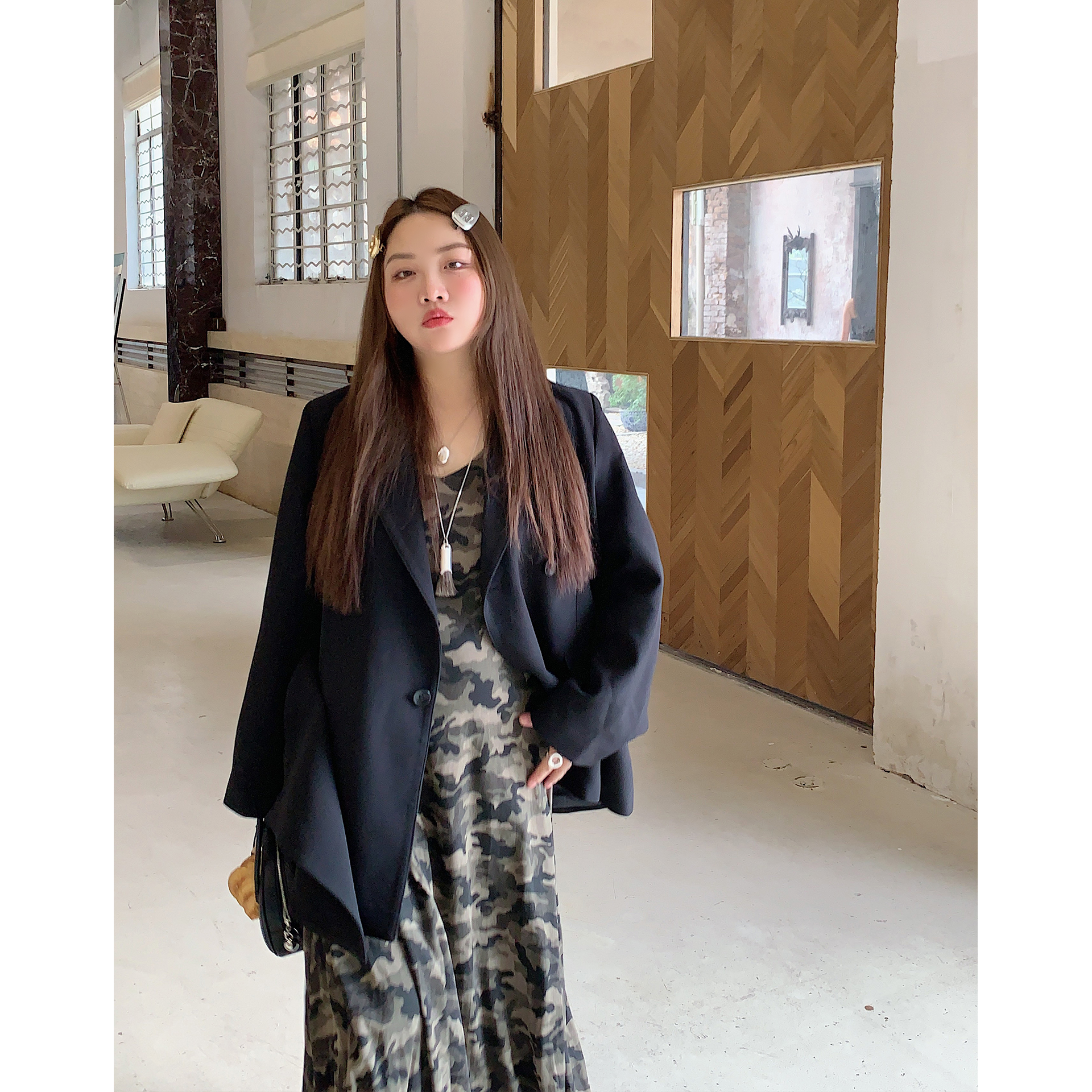 Dazi金大支高级感西装外套女2025新款秋冬大码胖mm黑色休闲小西服