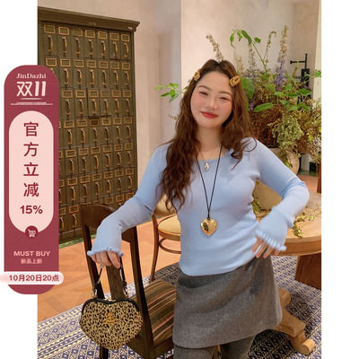 Dazi金大支圆领木耳边针织打底衫