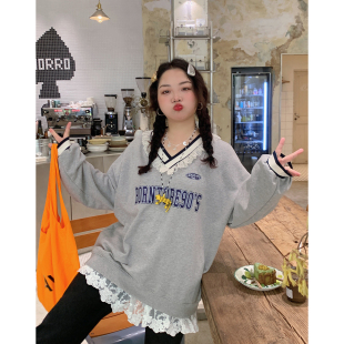 金大支蕾丝拼接v领卫衣女2025春秋oversize美式 胖mm外套 高街大码