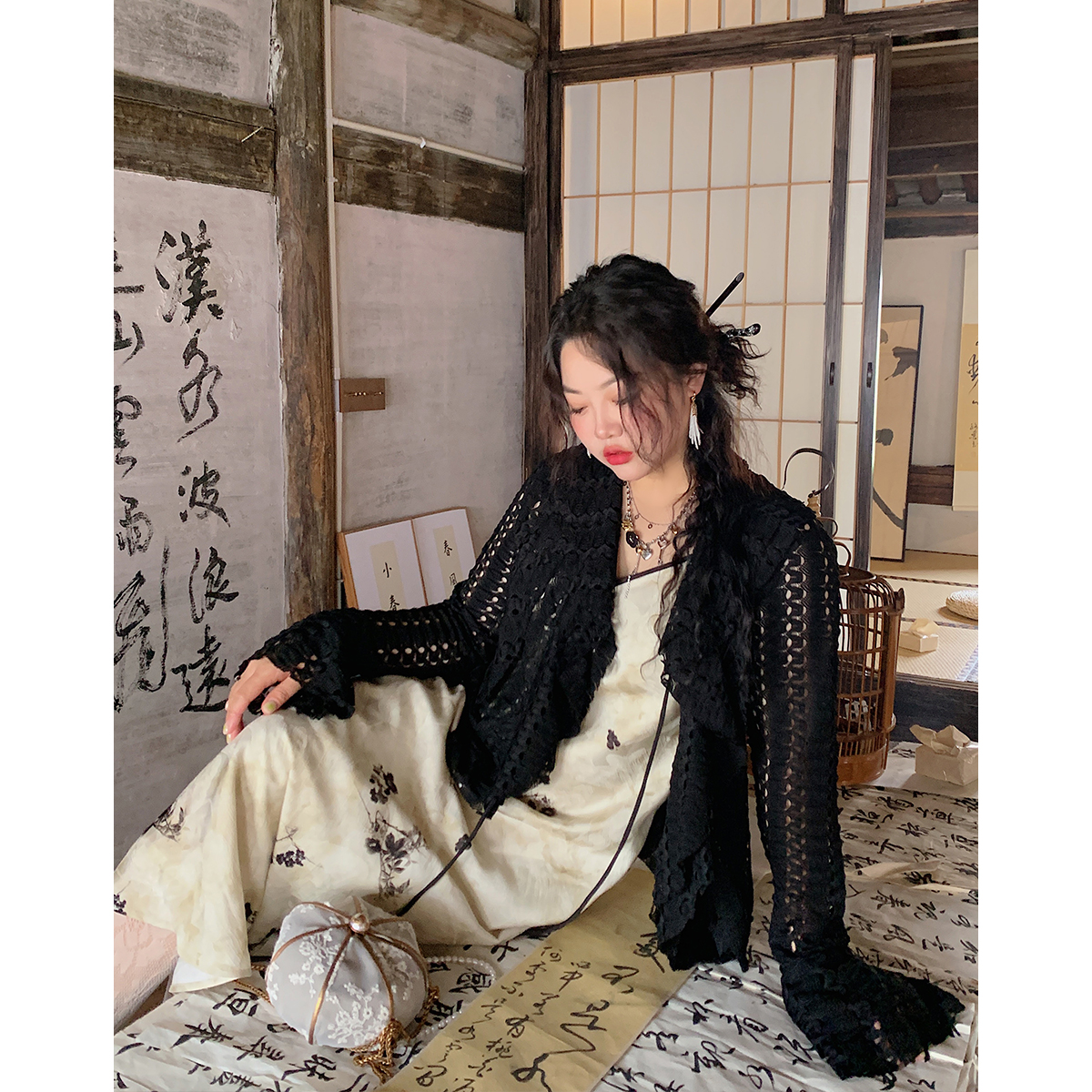 Dazi金大支镂空荷叶边开衫上衣女2025年新款春装胖mm大码女装衬衫