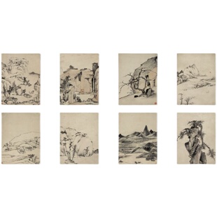 清四僧 弘仁 山水册八开水墨国画浙江山水画高清微喷复制临摹手稿