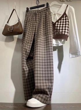 2025新款春秋宽松格子直筒西装裤女毛呢咖色格显瘦休闲裤阔腿长裤