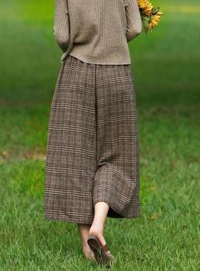 韩版秋冬季松紧腰羊毛呢阔腿裤女宽松休闲裤格子毛呢九分裤宽腿裤