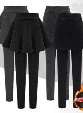 大码200斤加绒加厚保暖外穿假两件打底裤裙女秋冬胖m伞裙包臀裙裤
