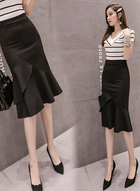 2025春夏装新款鱼尾裙包臀裙半身裙子不规则黑色百搭OL职业短裙潮