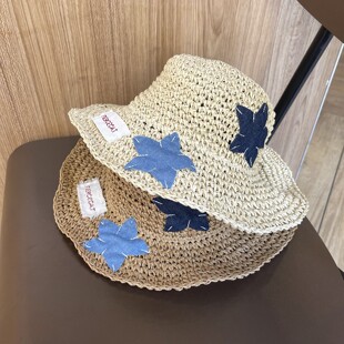 儿童草帽亲子同款五角星贴布镂空渔夫帽女宝宝海边出游遮阳防晒帽