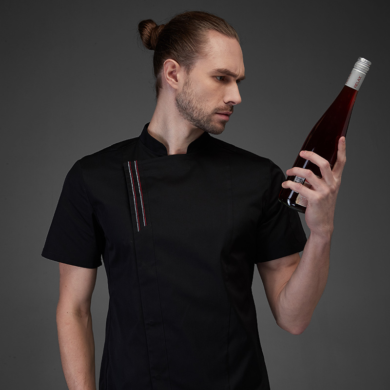 多米来厨师工作服男短袖薄款夏季透气厨房酒店餐饮厨师长衣服白黑