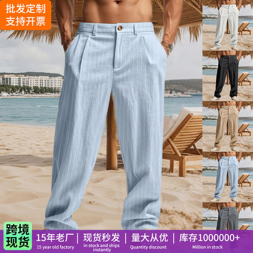跨境春秋亚麻休闲长裤 亚马逊夏季薄款条纹拉链开襟直筒男士西裤