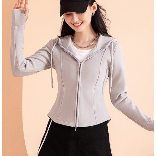 秋冬季立领显瘦加绒纯色小蛮腰石墨烯短款开衫连帽拉链卫衣外套女