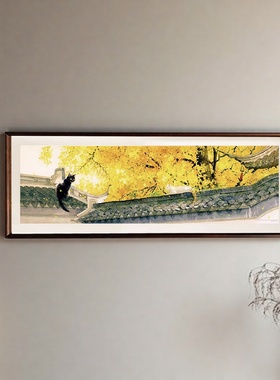 588片拼图框短墙银杏雨70*20视力表胡桃实木框加卡纸画框挂墙定制