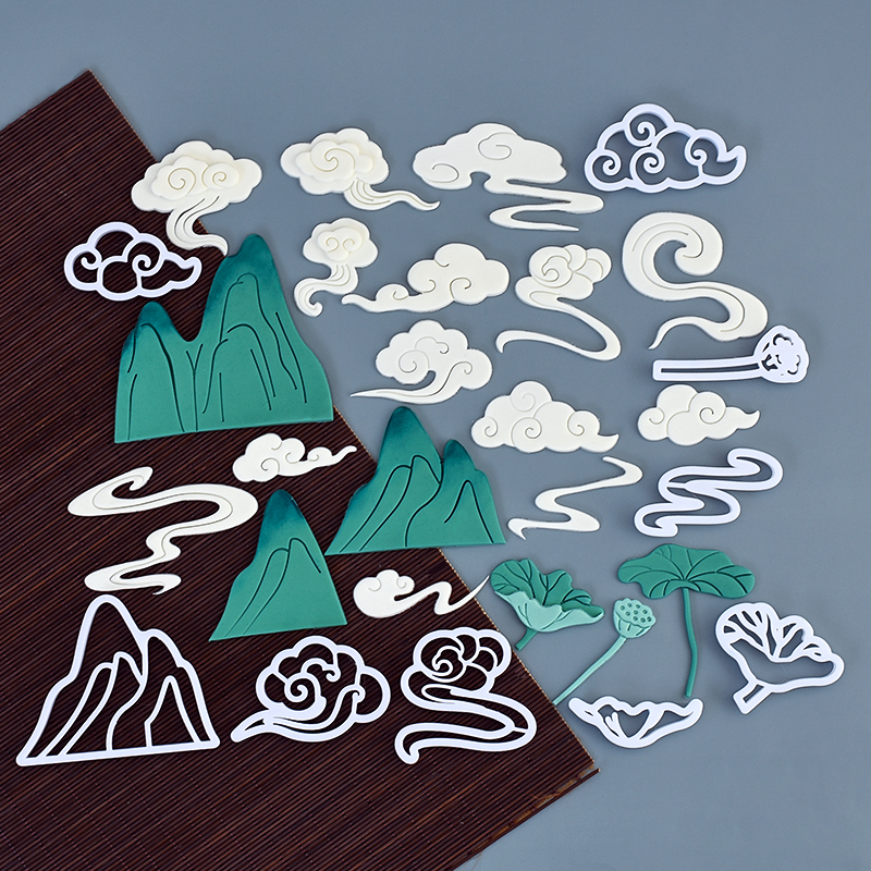 中国风老人祝寿山峰祥云翻糖切模祥云荷花过寿蛋糕模具山峰压模