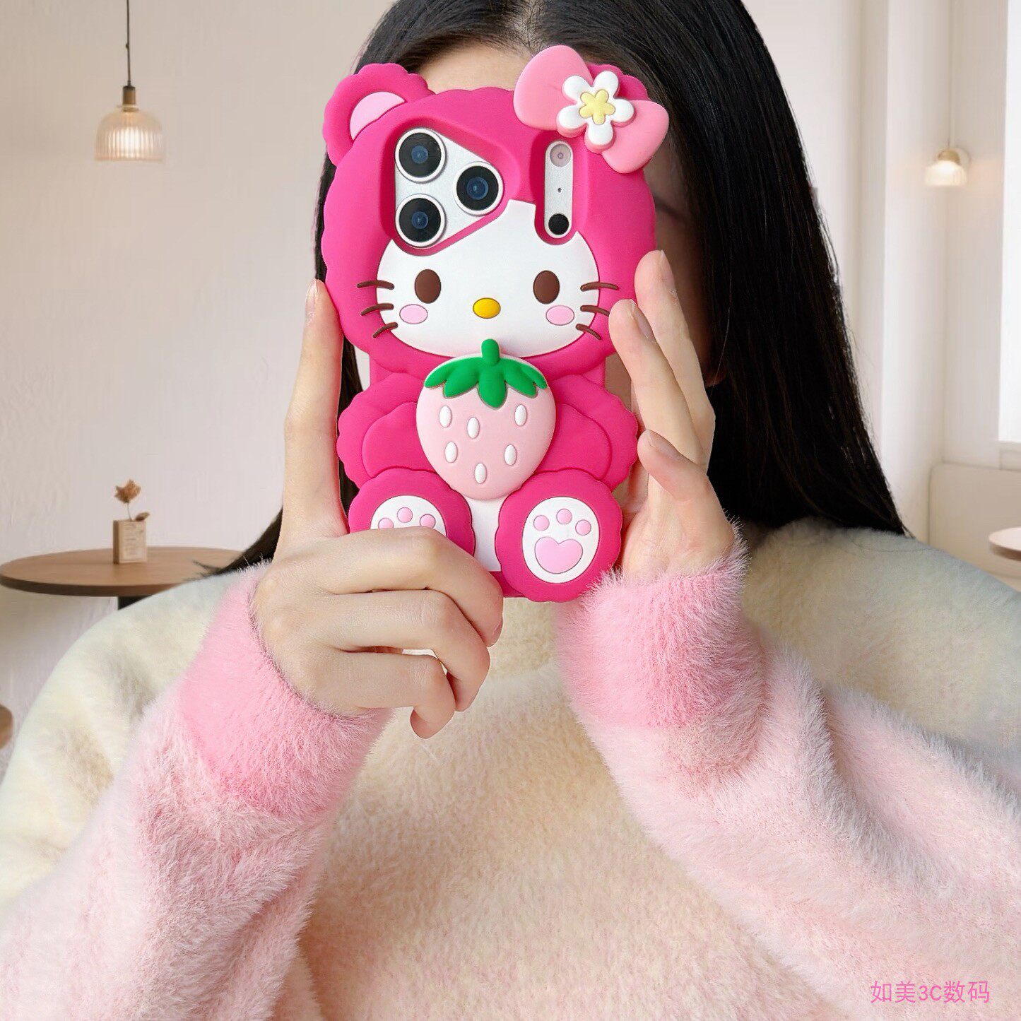 可爱立体玫红草莓猫咪适用苹果17promax手机壳iphone17pro新款卡通16promax硅胶软壳15pro防摔14全包13女款