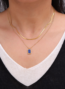 法式复古天然蓝色青金石几何方牌锁骨链 钛钢镀18K金不掉色叠戴风