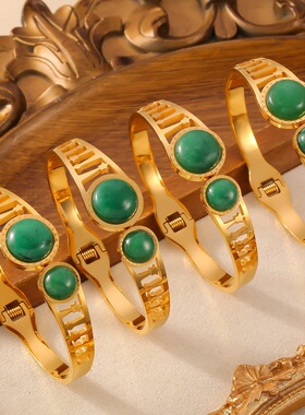 韩版天河石罗马钛钢环保材质镀18真金开口弹簧手镯女保色现货