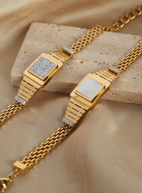 潮男男款手表造型手链镶白贝壳锆石编织链条钛钢镀金链子小众饰品