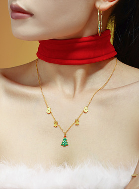 梦幻圣诞元素绿色滴油锆石不锈钢小树手套麋鹿吊坠项链浪漫礼物