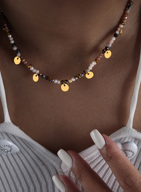 多巴胺天然石玻璃石多彩串珠项链钛钢百搭轻奢精致气质锁骨链饰品