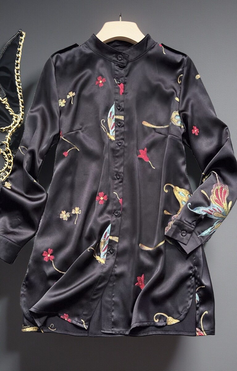 鑫姐新款时尚气质轻奢洋气刺绣蝴蝶显瘦大码中长款长袖立领衬衫