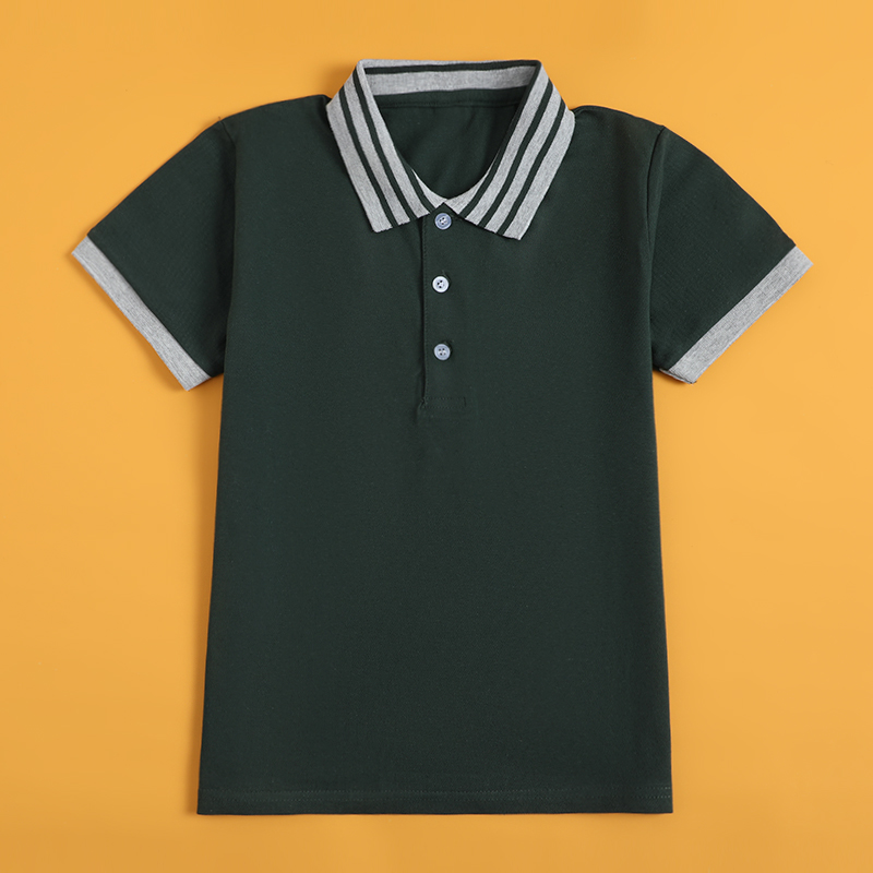 夏季儿童校服短袖T恤深绿色POLO衫三杠领男女童中小学生班服上衣