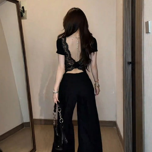 性感辣妹交叉蕾丝美背显瘦t恤女