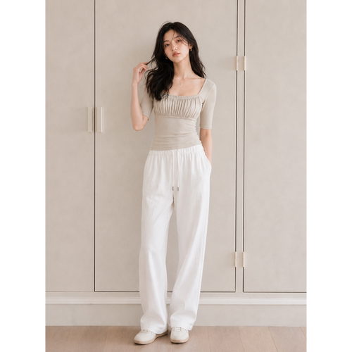 早秋韩系方领褶皱中袖修身t恤女