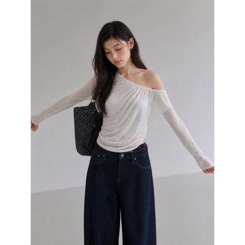 早秋纯欲斜肩网纱显瘦长袖t恤女